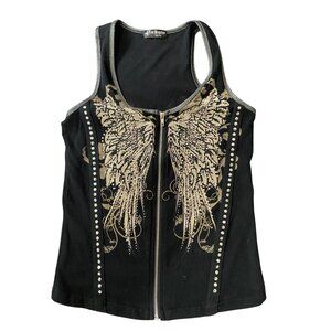 Los Angeles Black Angel Wings Studded Zip-Front Tank Top